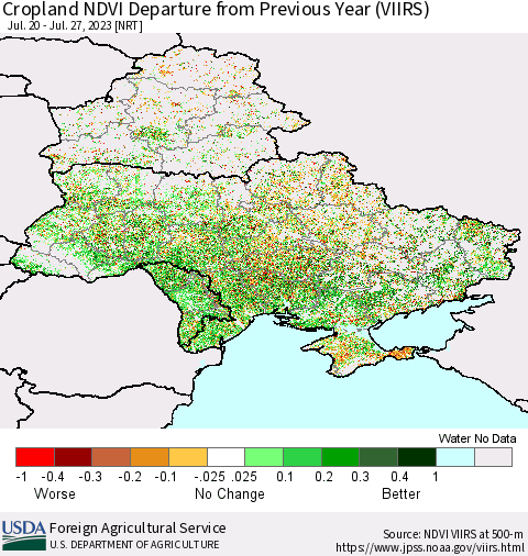 Ukraine, Moldova and Belarus Cropland NDVI Departure from Previous Year (VIIRS) Thematic Map For 7/21/2023 - 7/31/2023