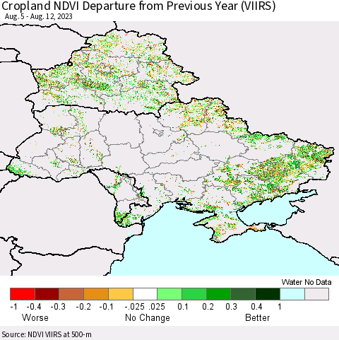 Ukraine, Moldova and Belarus Cropland NDVI Departure from Previous Year (VIIRS) Thematic Map For 8/5/2023 - 8/12/2023