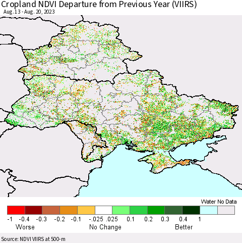 Ukraine, Moldova and Belarus Cropland NDVI Departure from Previous Year (VIIRS) Thematic Map For 8/11/2023 - 8/20/2023