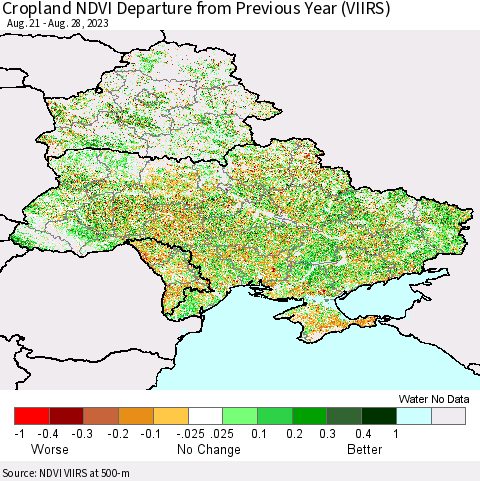 Ukraine, Moldova and Belarus Cropland NDVI Departure from Previous Year (VIIRS) Thematic Map For 8/21/2023 - 8/28/2023