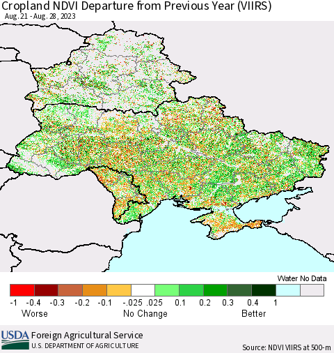 Ukraine, Moldova and Belarus Cropland NDVI Departure from Previous Year (VIIRS) Thematic Map For 8/21/2023 - 8/31/2023