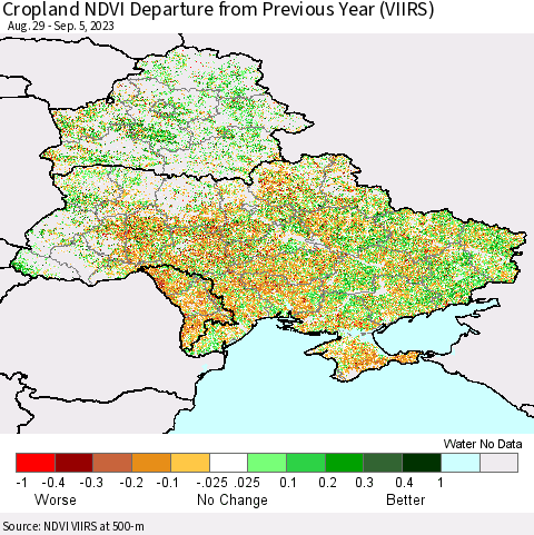 Ukraine, Moldova and Belarus Cropland NDVI Departure from Previous Year (VIIRS) Thematic Map For 8/29/2023 - 9/5/2023
