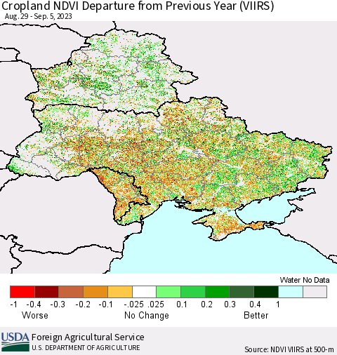 Ukraine, Moldova and Belarus Cropland NDVI Departure from Previous Year (VIIRS) Thematic Map For 9/1/2023 - 9/10/2023