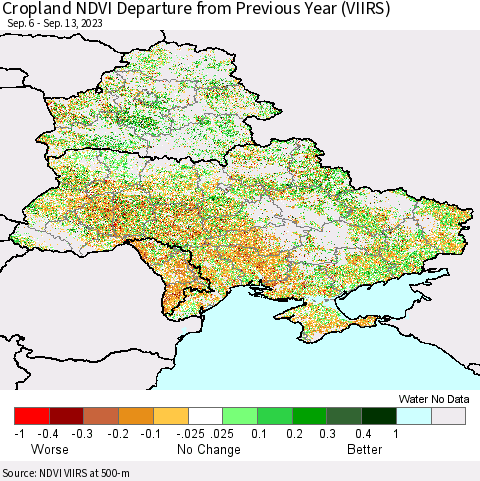 Ukraine, Moldova and Belarus Cropland NDVI Departure from Previous Year (VIIRS) Thematic Map For 9/6/2023 - 9/13/2023
