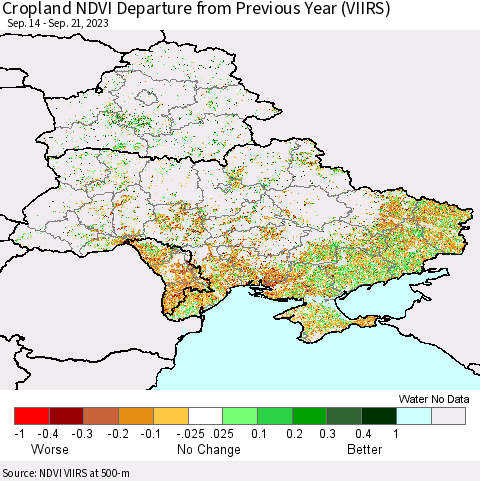 Ukraine, Moldova and Belarus Cropland NDVI Departure from Previous Year (VIIRS) Thematic Map For 9/14/2023 - 9/21/2023