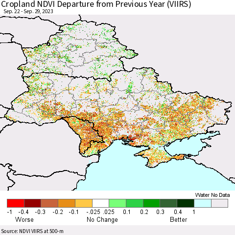Ukraine, Moldova and Belarus Cropland NDVI Departure from Previous Year (VIIRS) Thematic Map For 9/22/2023 - 9/29/2023