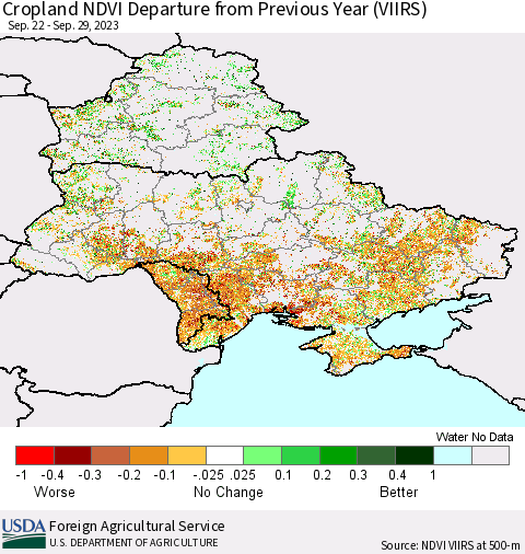 Ukraine, Moldova and Belarus Cropland NDVI Departure from Previous Year (VIIRS) Thematic Map For 9/21/2023 - 9/30/2023