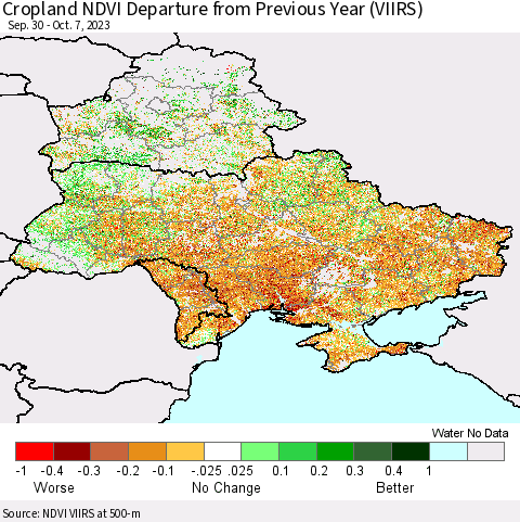 Ukraine, Moldova and Belarus Cropland NDVI Departure from Previous Year (VIIRS) Thematic Map For 9/30/2023 - 10/7/2023
