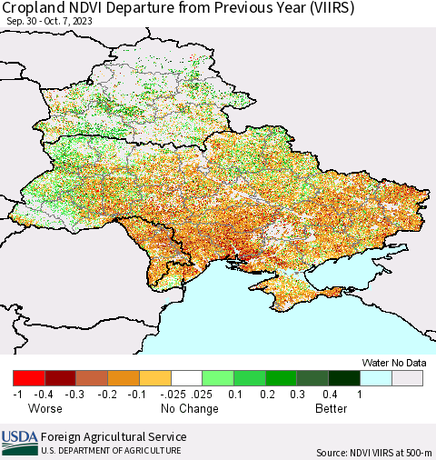 Ukraine, Moldova and Belarus Cropland NDVI Departure from Previous Year (VIIRS) Thematic Map For 10/1/2023 - 10/10/2023