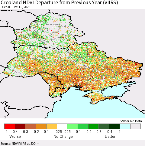 Ukraine, Moldova and Belarus Cropland NDVI Departure from Previous Year (VIIRS) Thematic Map For 10/8/2023 - 10/15/2023