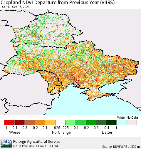 Ukraine, Moldova and Belarus Cropland NDVI Departure from Previous Year (VIIRS) Thematic Map For 10/11/2023 - 10/20/2023