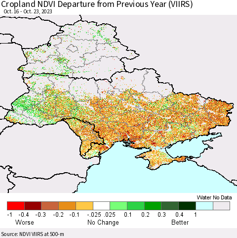 Ukraine, Moldova and Belarus Cropland NDVI Departure from Previous Year (VIIRS) Thematic Map For 10/16/2023 - 10/23/2023