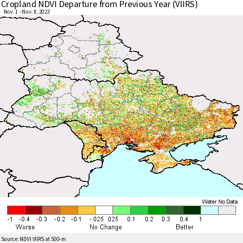 Ukraine, Moldova and Belarus Cropland NDVI Departure from Previous Year (VIIRS) Thematic Map For 11/1/2023 - 11/8/2023