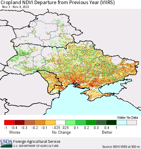 Ukraine, Moldova and Belarus Cropland NDVI Departure from Previous Year (VIIRS) Thematic Map For 11/1/2023 - 11/10/2023