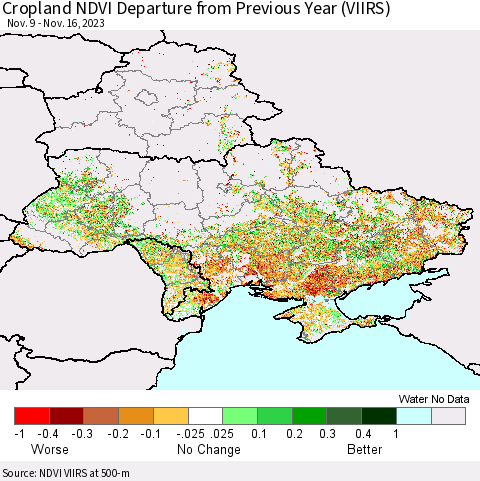 Ukraine, Moldova and Belarus Cropland NDVI Departure from Previous Year (VIIRS) Thematic Map For 11/9/2023 - 11/16/2023