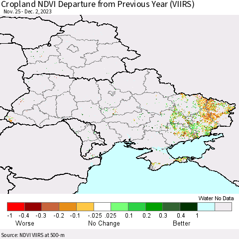 Ukraine, Moldova and Belarus Cropland NDVI Departure from Previous Year (VIIRS) Thematic Map For 11/25/2023 - 12/2/2023