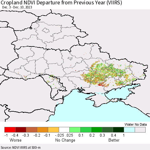 Ukraine, Moldova and Belarus Cropland NDVI Departure from Previous Year (VIIRS) Thematic Map For 12/3/2023 - 12/10/2023