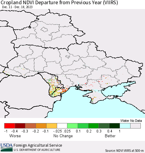 Ukraine, Moldova and Belarus Cropland NDVI Departure from Previous Year (VIIRS) Thematic Map For 12/11/2023 - 12/20/2023