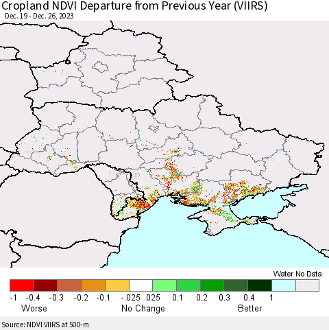 Ukraine, Moldova and Belarus Cropland NDVI Departure from Previous Year (VIIRS) Thematic Map For 12/19/2023 - 12/26/2023