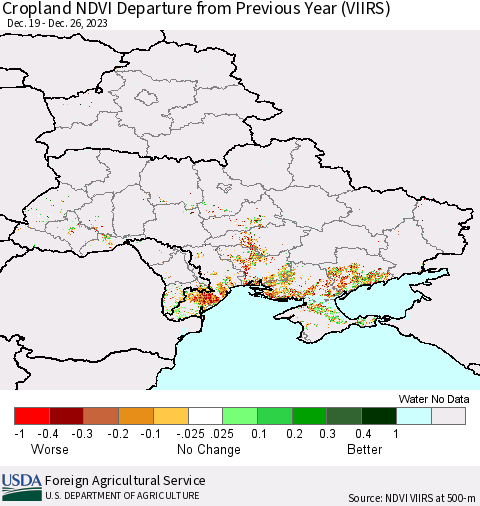 Ukraine, Moldova and Belarus Cropland NDVI Departure from Previous Year (VIIRS) Thematic Map For 12/21/2023 - 12/31/2023