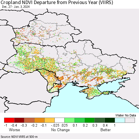 Ukraine, Moldova and Belarus Cropland NDVI Departure from Previous Year (VIIRS) Thematic Map For 12/27/2023 - 1/3/2024