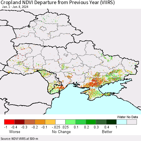 Ukraine, Moldova and Belarus Cropland NDVI Departure from Previous Year (VIIRS) Thematic Map For 1/1/2024 - 1/8/2024