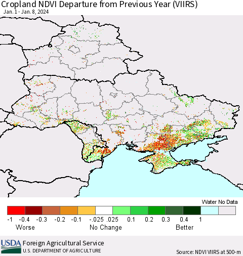 Ukraine, Moldova and Belarus Cropland NDVI Departure from Previous Year (VIIRS) Thematic Map For 1/1/2024 - 1/10/2024