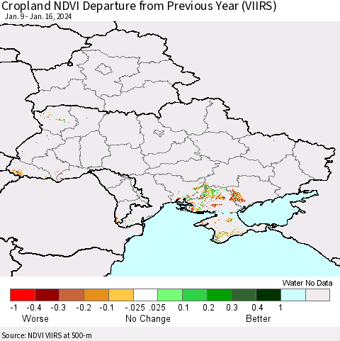 Ukraine, Moldova and Belarus Cropland NDVI Departure from Previous Year (VIIRS) Thematic Map For 1/9/2024 - 1/16/2024