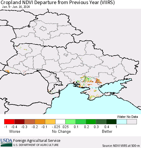 Ukraine, Moldova and Belarus Cropland NDVI Departure from Previous Year (VIIRS) Thematic Map For 1/11/2024 - 1/20/2024