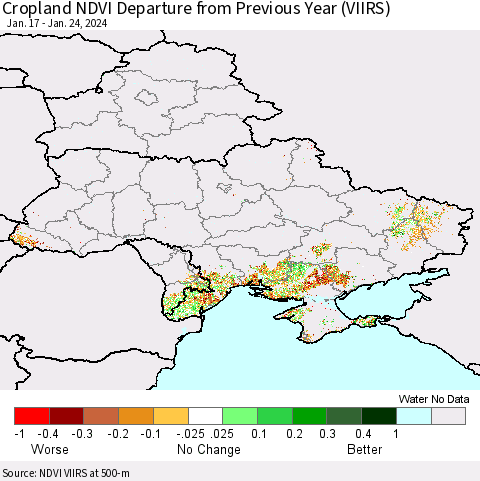 Ukraine, Moldova and Belarus Cropland NDVI Departure from Previous Year (VIIRS) Thematic Map For 1/17/2024 - 1/24/2024