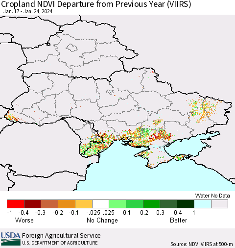 Ukraine, Moldova and Belarus Cropland NDVI Departure from Previous Year (VIIRS) Thematic Map For 1/21/2024 - 1/31/2024