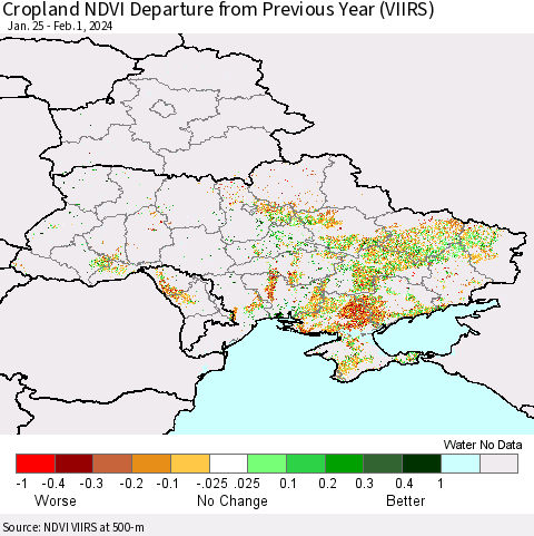 Ukraine, Moldova and Belarus Cropland NDVI Departure from Previous Year (VIIRS) Thematic Map For 1/25/2024 - 2/1/2024