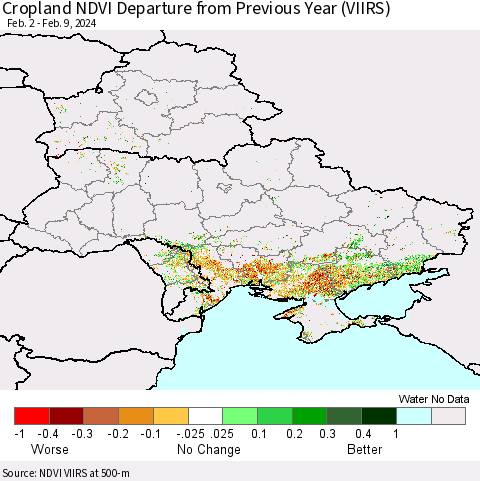Ukraine, Moldova and Belarus Cropland NDVI Departure from Previous Year (VIIRS) Thematic Map For 2/2/2024 - 2/9/2024