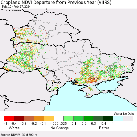 Ukraine, Moldova and Belarus Cropland NDVI Departure from Previous Year (VIIRS) Thematic Map For 2/10/2024 - 2/17/2024