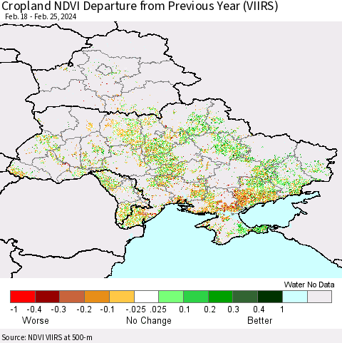 Ukraine, Moldova and Belarus Cropland NDVI Departure from Previous Year (VIIRS) Thematic Map For 2/18/2024 - 2/25/2024