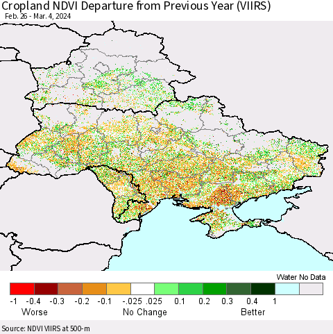 Ukraine, Moldova and Belarus Cropland NDVI Departure from Previous Year (VIIRS) Thematic Map For 2/26/2024 - 3/4/2024