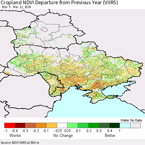 Ukraine, Moldova and Belarus Cropland NDVI Departure from Previous Year (VIIRS) Thematic Map For 3/5/2024 - 3/12/2024