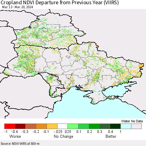 Ukraine, Moldova and Belarus Cropland NDVI Departure from Previous Year (VIIRS) Thematic Map For 3/13/2024 - 3/20/2024