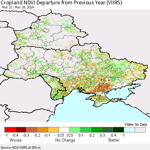 Ukraine, Moldova and Belarus Cropland NDVI Departure from Previous Year (VIIRS) Thematic Map For 3/21/2024 - 3/28/2024