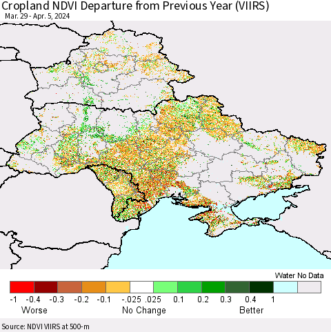 Ukraine, Moldova and Belarus Cropland NDVI Departure from Previous Year (VIIRS) Thematic Map For 3/29/2024 - 4/5/2024