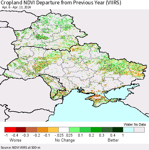 Ukraine, Moldova and Belarus Cropland NDVI Departure from Previous Year (VIIRS) Thematic Map For 4/6/2024 - 4/13/2024