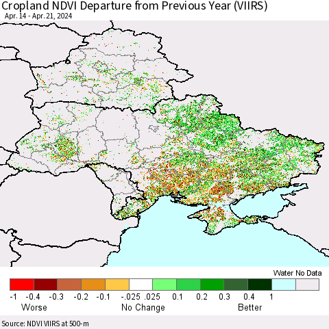 Ukraine, Moldova and Belarus Cropland NDVI Departure from Previous Year (VIIRS) Thematic Map For 4/14/2024 - 4/21/2024