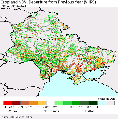 Ukraine, Moldova and Belarus Cropland NDVI Departure from Previous Year (VIIRS) Thematic Map For 4/22/2024 - 4/29/2024