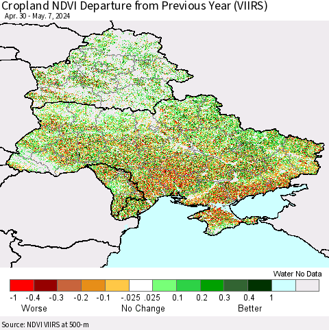 Ukraine, Moldova and Belarus Cropland NDVI Departure from Previous Year (VIIRS) Thematic Map For 4/30/2024 - 5/7/2024