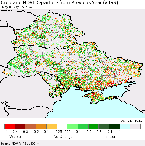 Ukraine, Moldova and Belarus Cropland NDVI Departure from Previous Year (VIIRS) Thematic Map For 5/8/2024 - 5/15/2024