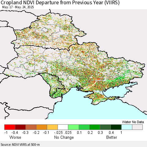 Ukraine, Moldova and Belarus Cropland NDVI Departure from Previous Year (VIIRS) Thematic Map For 5/17/2025 - 5/24/2025