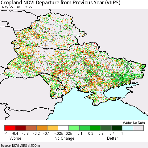 Ukraine, Moldova and Belarus Cropland NDVI Departure from Previous Year (VIIRS) Thematic Map For 5/25/2025 - 6/1/2025