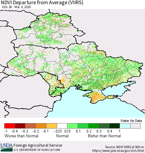 Ukraine, Moldova and Belarus NDVI Departure from Average (VIIRS) Thematic Map For 3/1/2020 - 3/10/2020