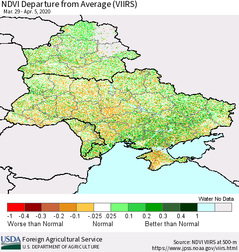 Ukraine, Moldova and Belarus NDVI Departure from Average (VIIRS) Thematic Map For 4/1/2020 - 4/10/2020