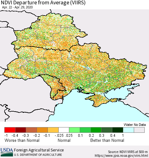 Ukraine, Moldova and Belarus NDVI Departure from Average (VIIRS) Thematic Map For 4/21/2020 - 4/30/2020